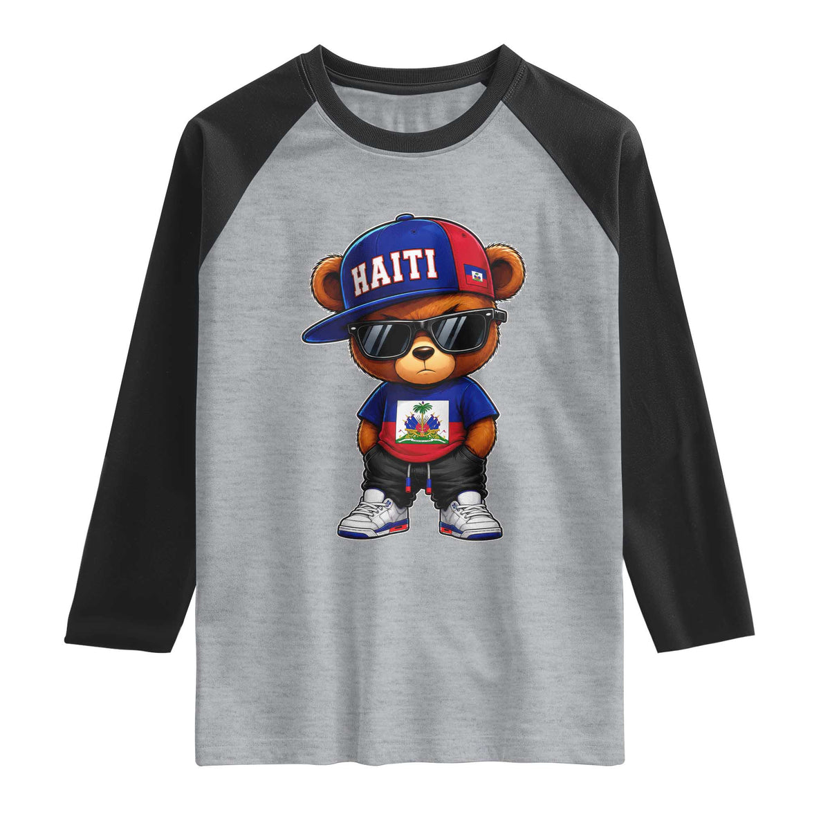 Cute Haiti Raglan Shirt Hip Hop Teddy Bear Haitian Flag Ayiti Roots