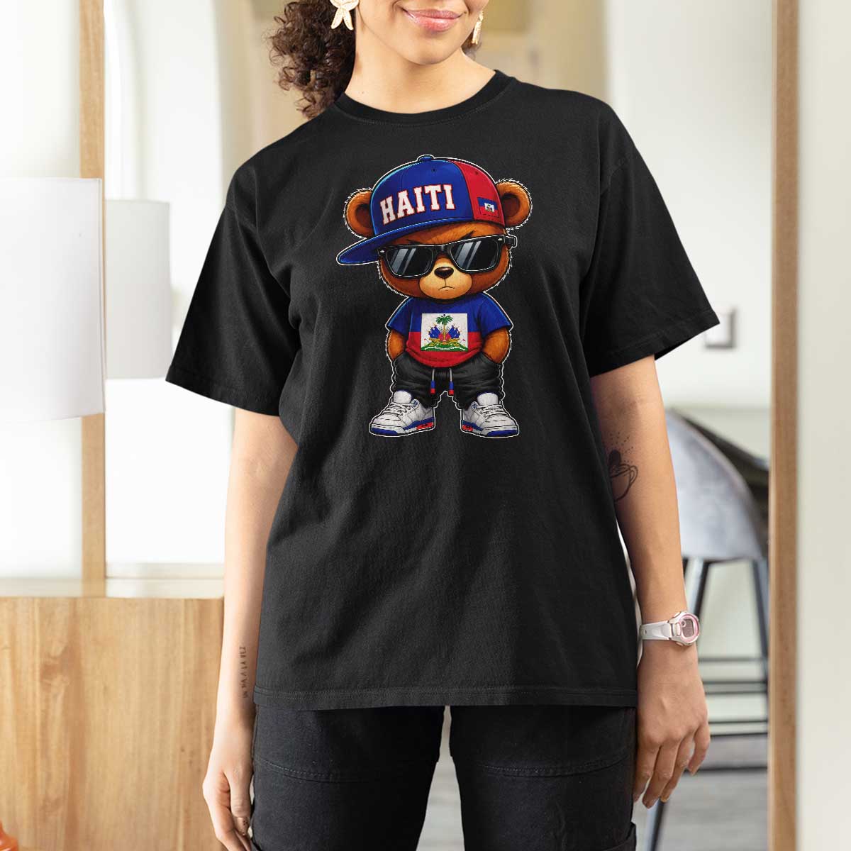Cute Haiti T Shirt For Women Hip Hop Teddy Bear Haitian Flag Ayiti Roots