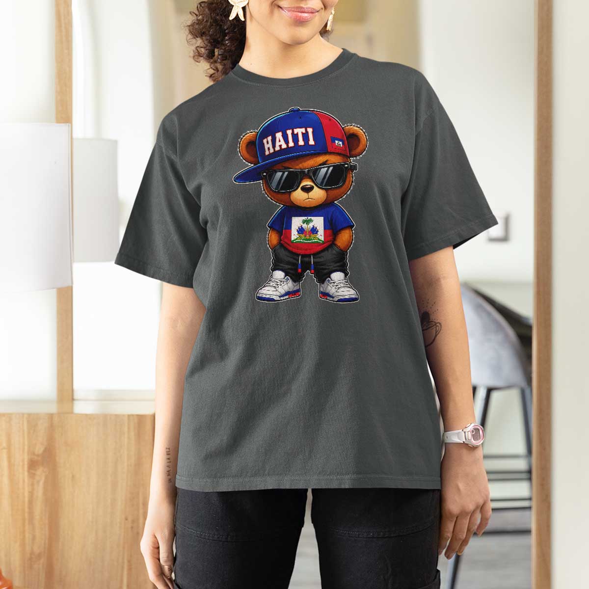 Cute Haiti T Shirt For Women Hip Hop Teddy Bear Haitian Flag Ayiti Roots