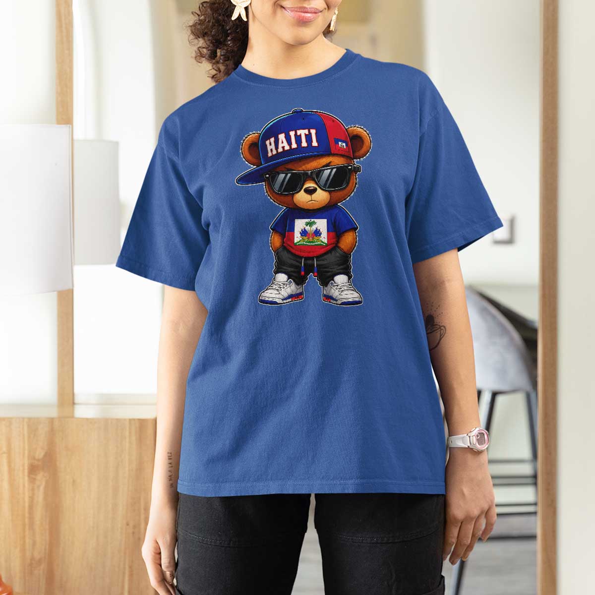 Cute Haiti T Shirt For Women Hip Hop Teddy Bear Haitian Flag Ayiti Roots