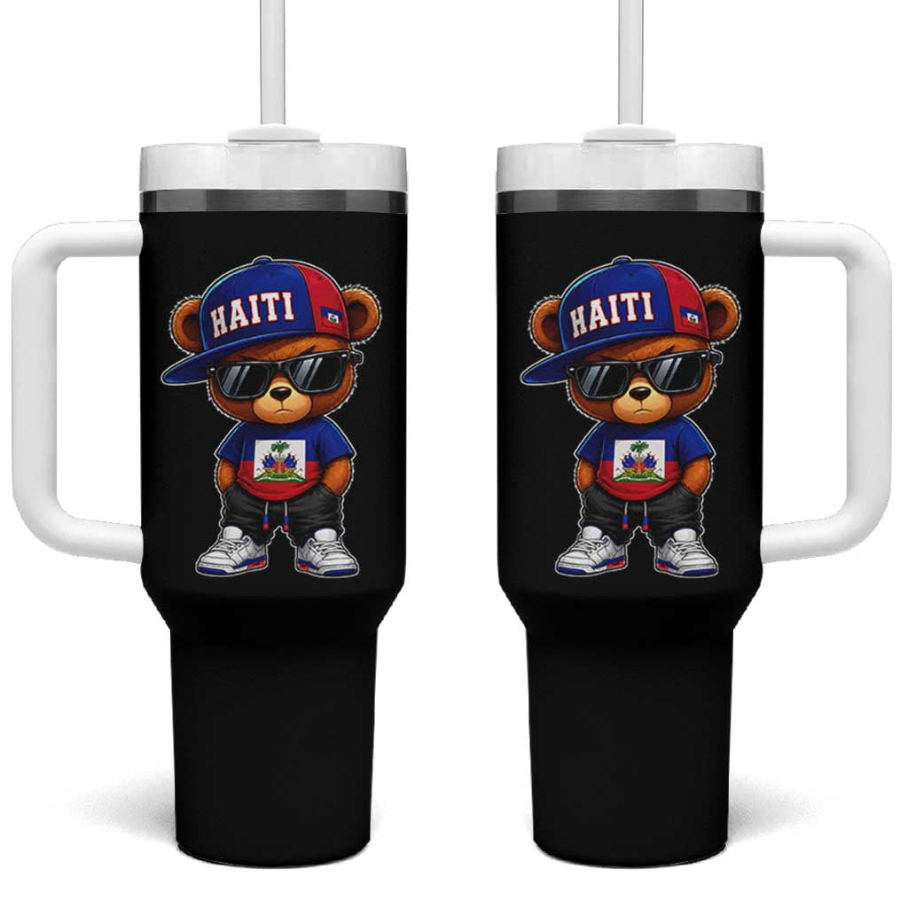 Cute Haiti Tumbler With Handle Hip Hop Teddy Bear Haitian Flag Ayiti Roots