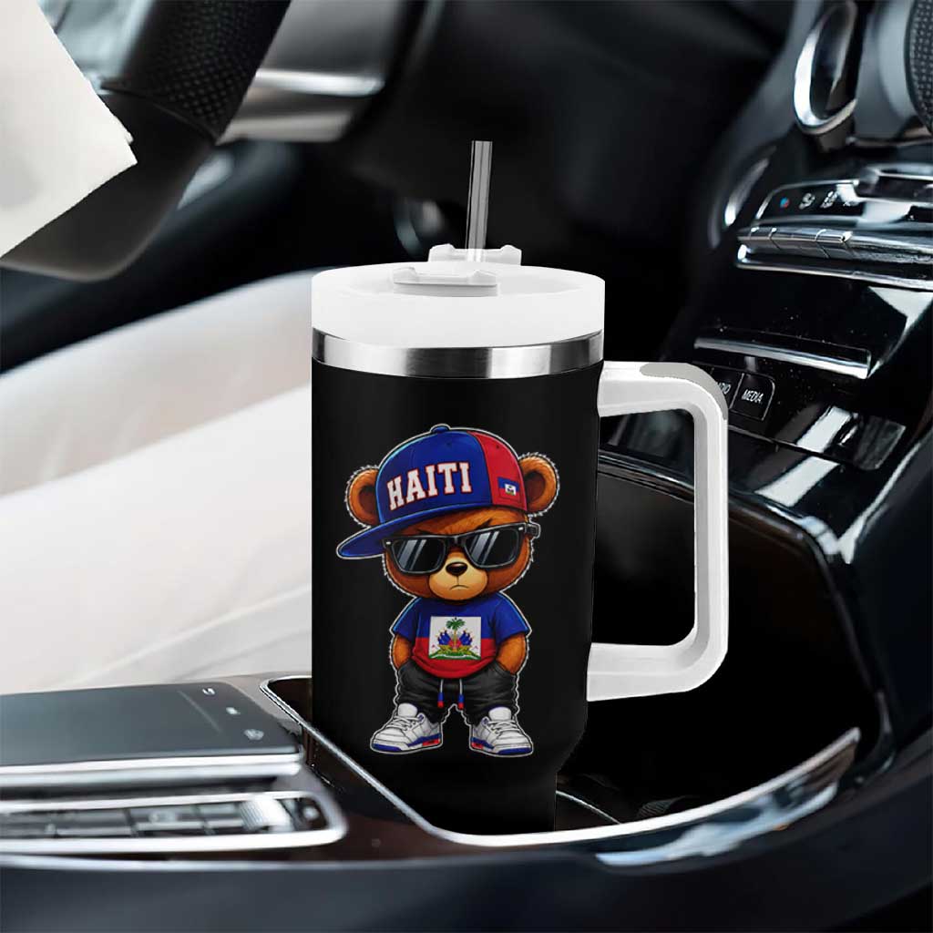 Cute Haiti Tumbler With Handle Hip Hop Teddy Bear Haitian Flag Ayiti Roots