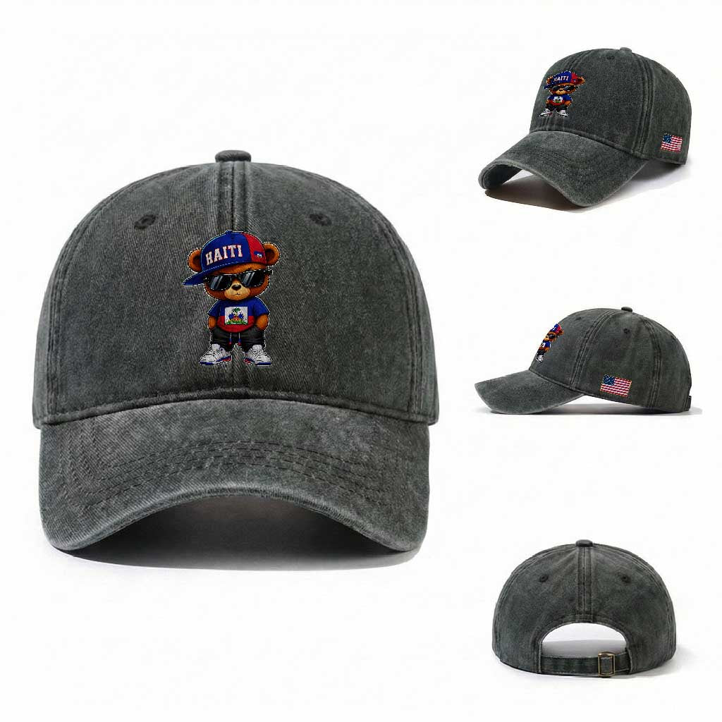 Cute Haiti Washed Cotton Baseball Cap Hip Hop Teddy Bear Haitian Flag Ayiti Roots