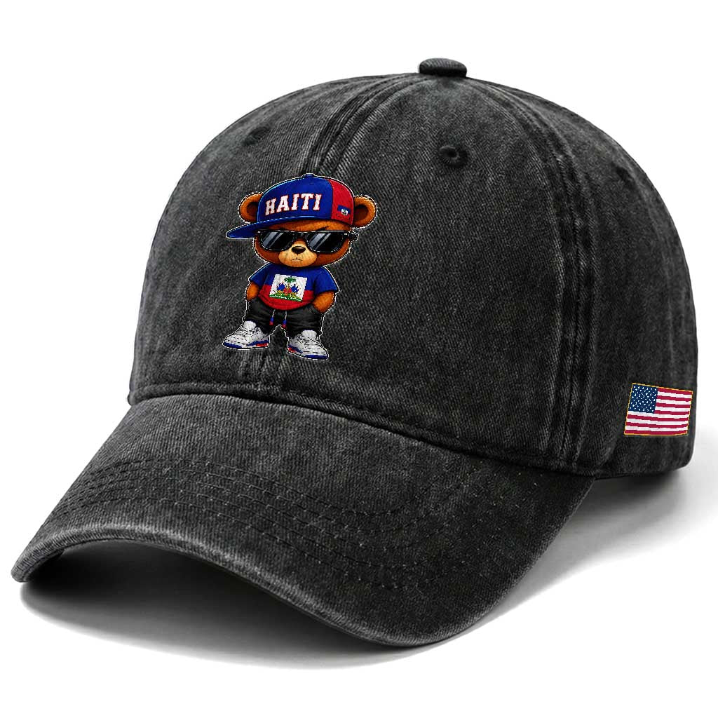 Cute Haiti Washed Cotton Baseball Cap Hip Hop Teddy Bear Haitian Flag Ayiti Roots