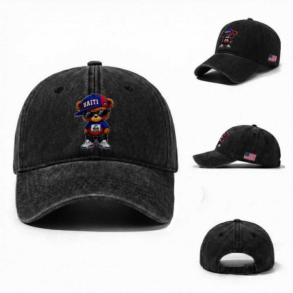 Cute Haiti Washed Cotton Baseball Cap Hip Hop Teddy Bear Haitian Flag Ayiti Roots
