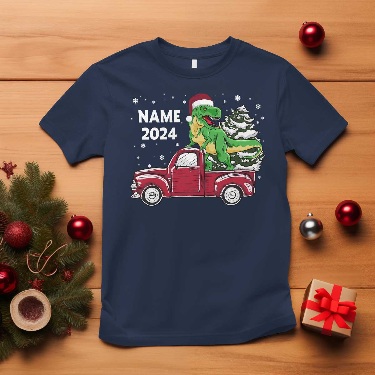 Personalized Dinosaur Christmas T Shirt Custom Name Merry Rexmas Xmas Pet Dino Trex Red Truck Family - Wonder Print Shop