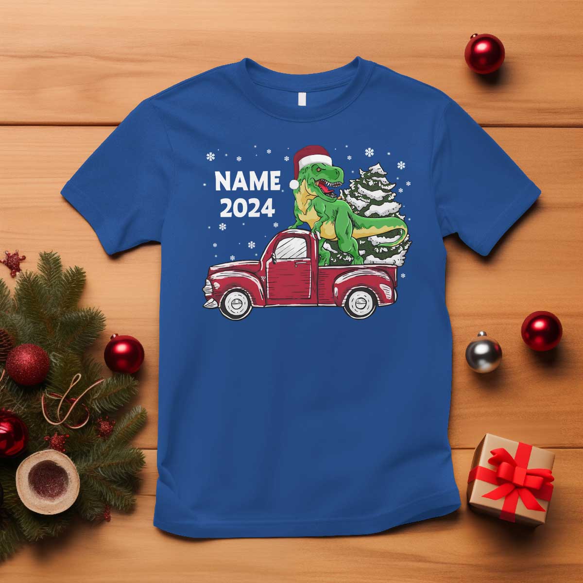 Personalized Dinosaur Christmas T Shirt Custom Name Merry Rexmas Xmas Pet Dino Trex Red Truck Family - Wonder Print Shop