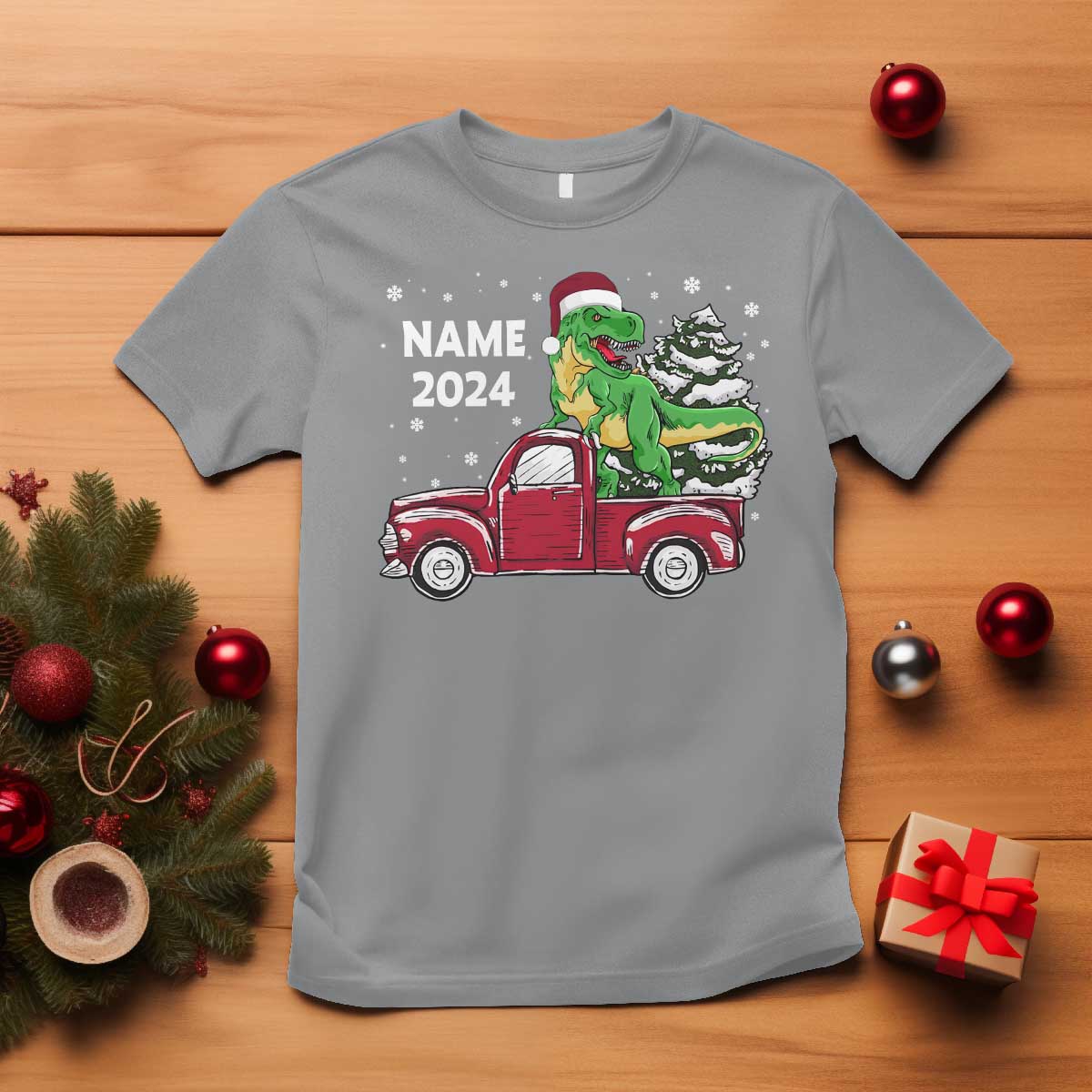 Personalized Dinosaur Christmas T Shirt Custom Name Merry Rexmas Xmas Pet Dino Trex Red Truck Family - Wonder Print Shop