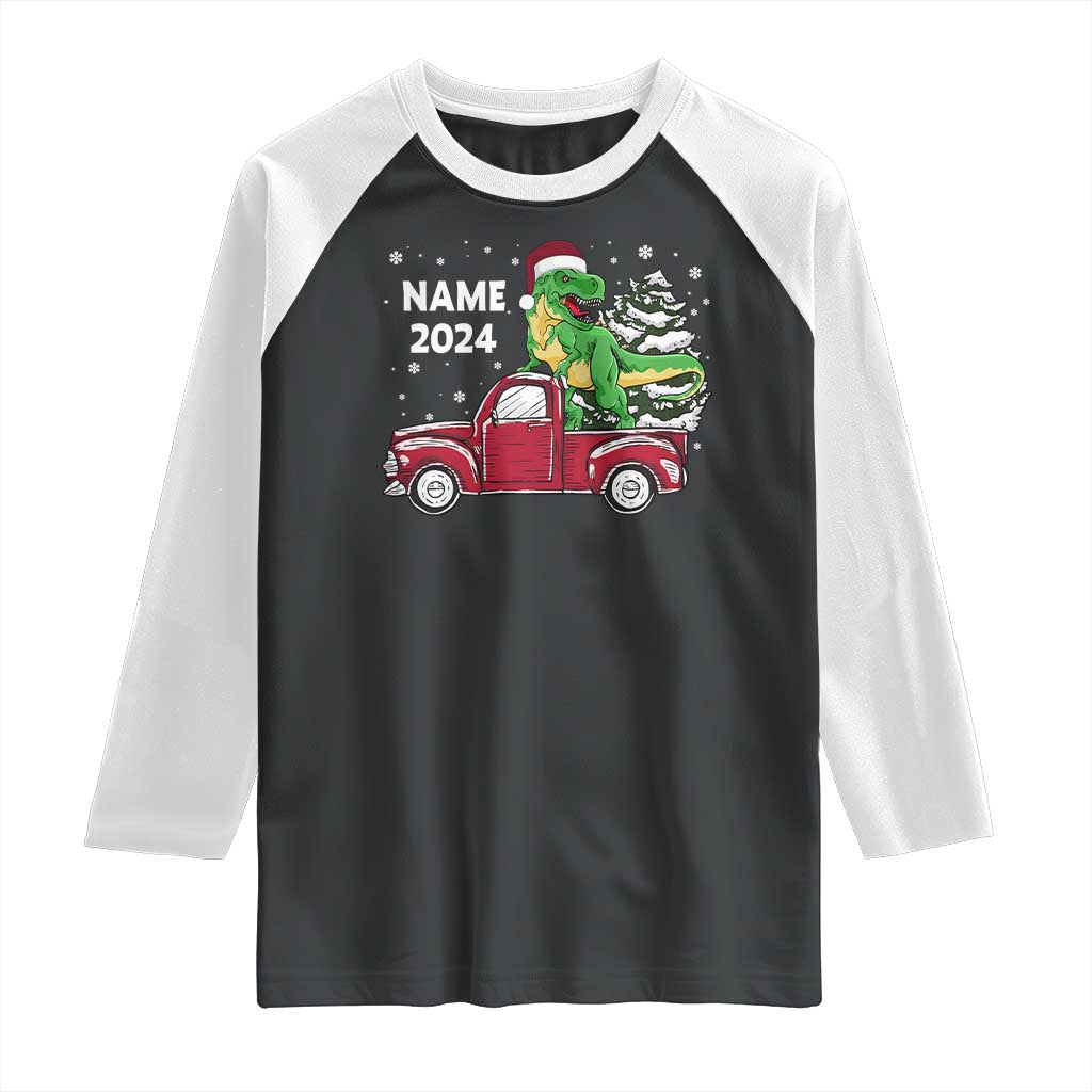Personalized Dinosaur Christmas Raglan Shirt Custom Name Merry Rexmas Xmas Pet Dino Trex Red Truck Family