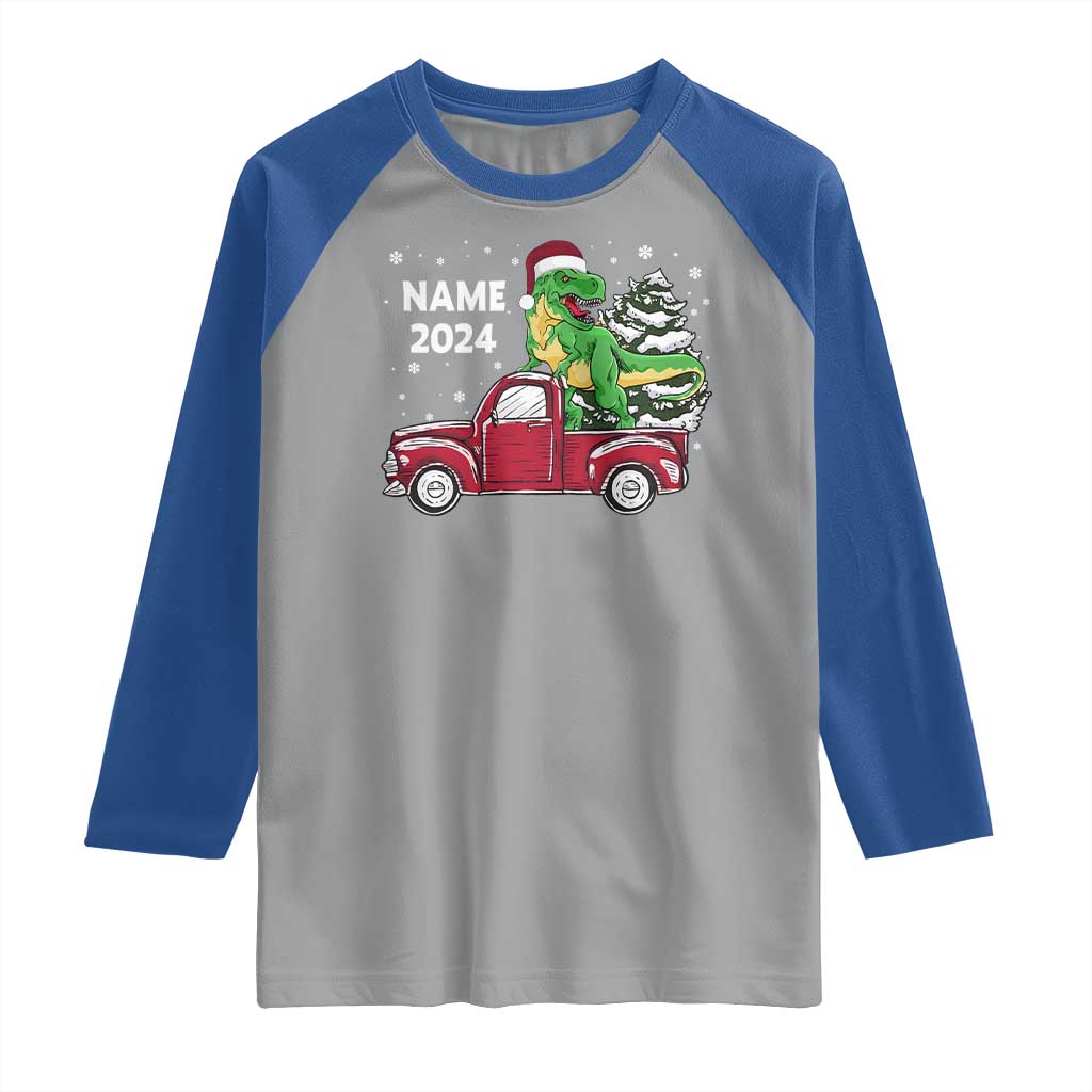 Personalized Dinosaur Christmas Raglan Shirt Custom Name Merry Rexmas Xmas Pet Dino Trex Red Truck Family