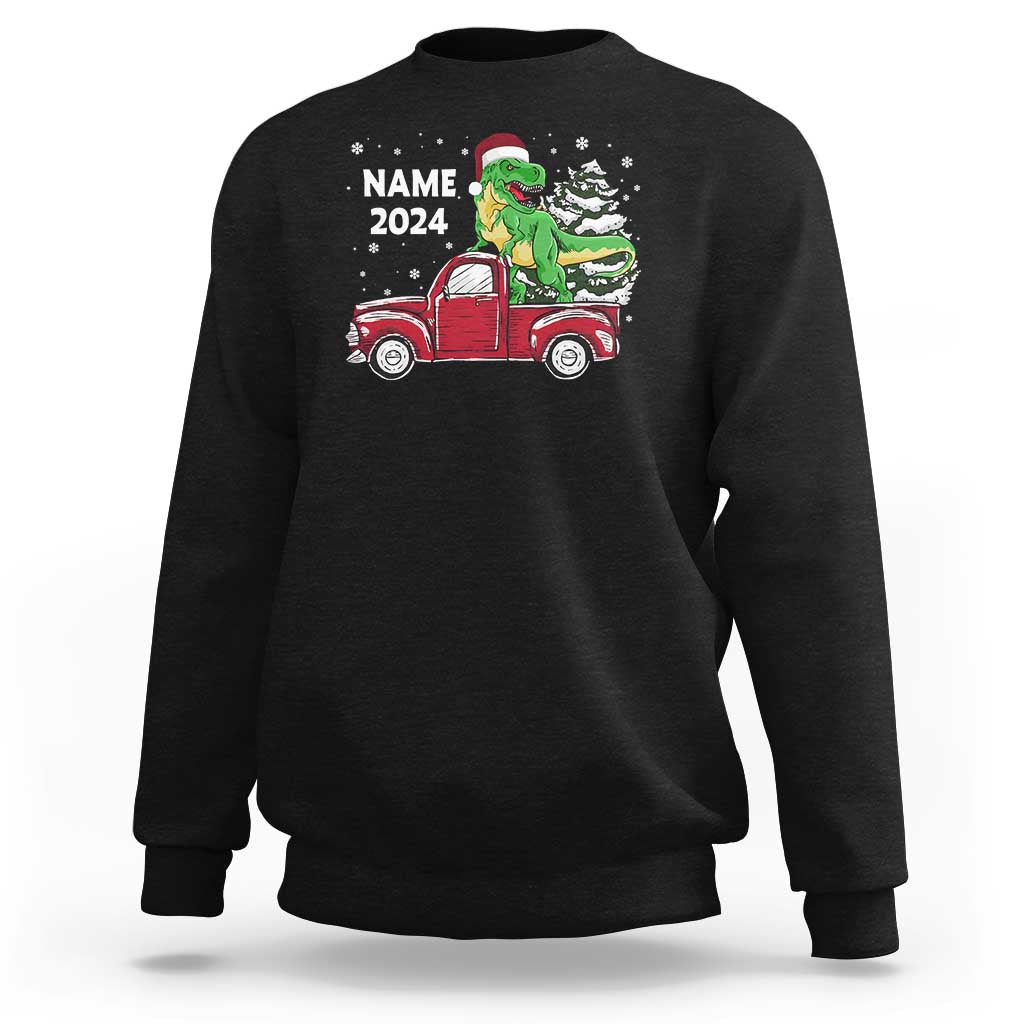 Personalized Dinosaur Christmas Sweatshirt Custom Name Merry Rexmas Xmas Pet Dino Trex Red Truck Family - Wonder Print Shop
