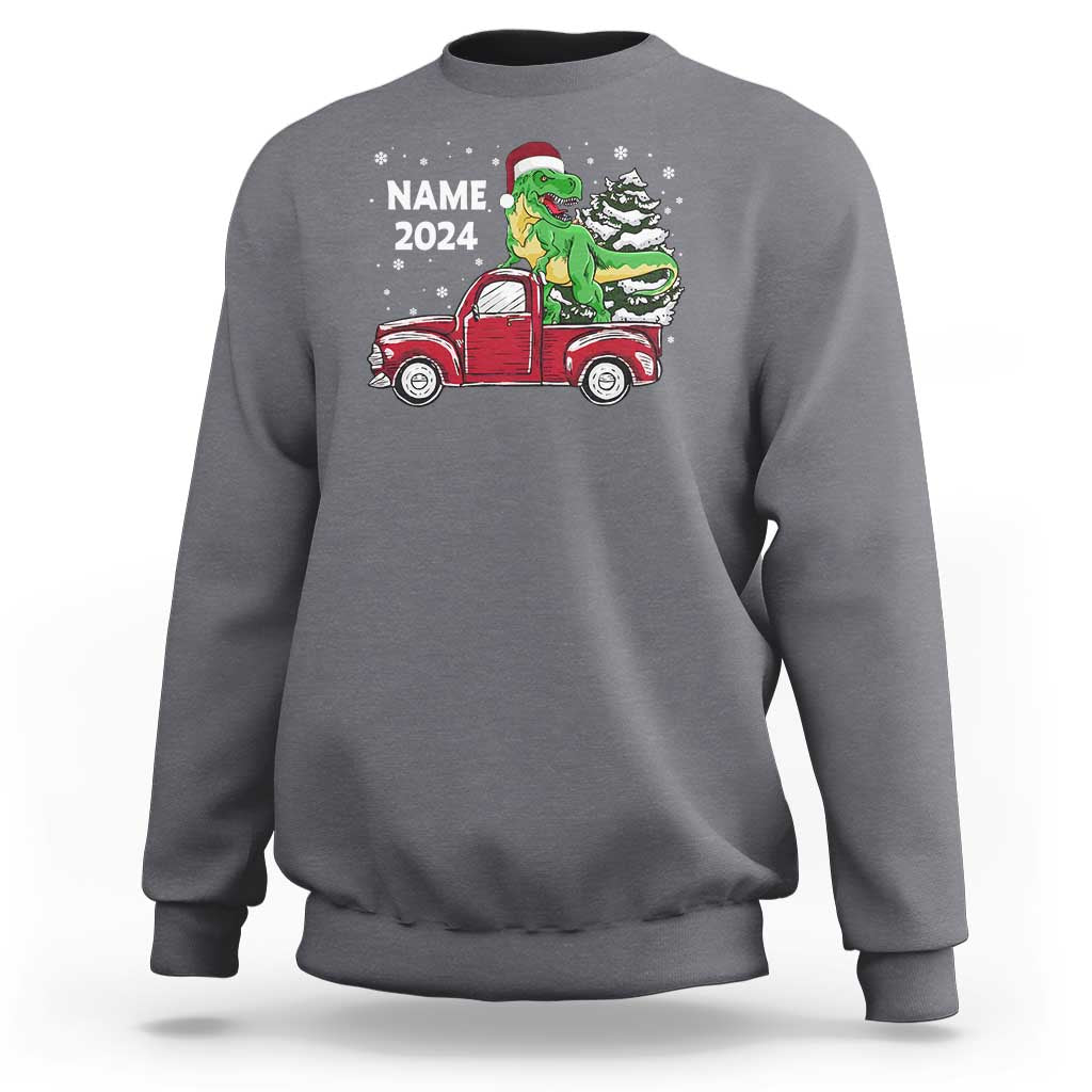 Personalized Dinosaur Christmas Sweatshirt Custom Name Merry Rexmas Xmas Pet Dino Trex Red Truck Family - Wonder Print Shop