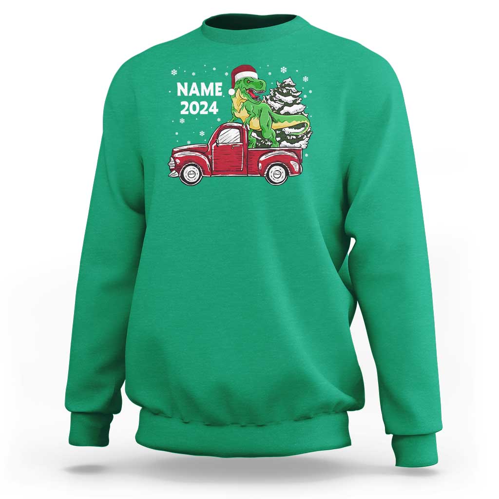 Personalized Dinosaur Christmas Sweatshirt Custom Name Merry Rexmas Xmas Pet Dino Trex Red Truck Family - Wonder Print Shop