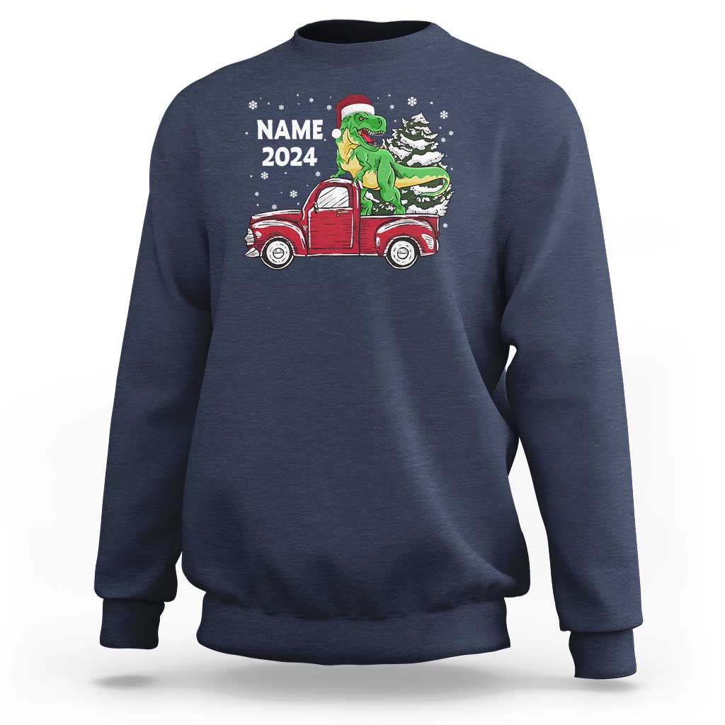 Personalized Dinosaur Christmas Sweatshirt Custom Name Merry Rexmas Xmas Pet Dino Trex Red Truck Family - Wonder Print Shop