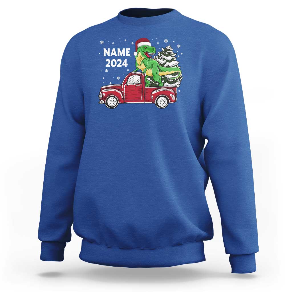 Personalized Dinosaur Christmas Sweatshirt Custom Name Merry Rexmas Xmas Pet Dino Trex Red Truck Family - Wonder Print Shop