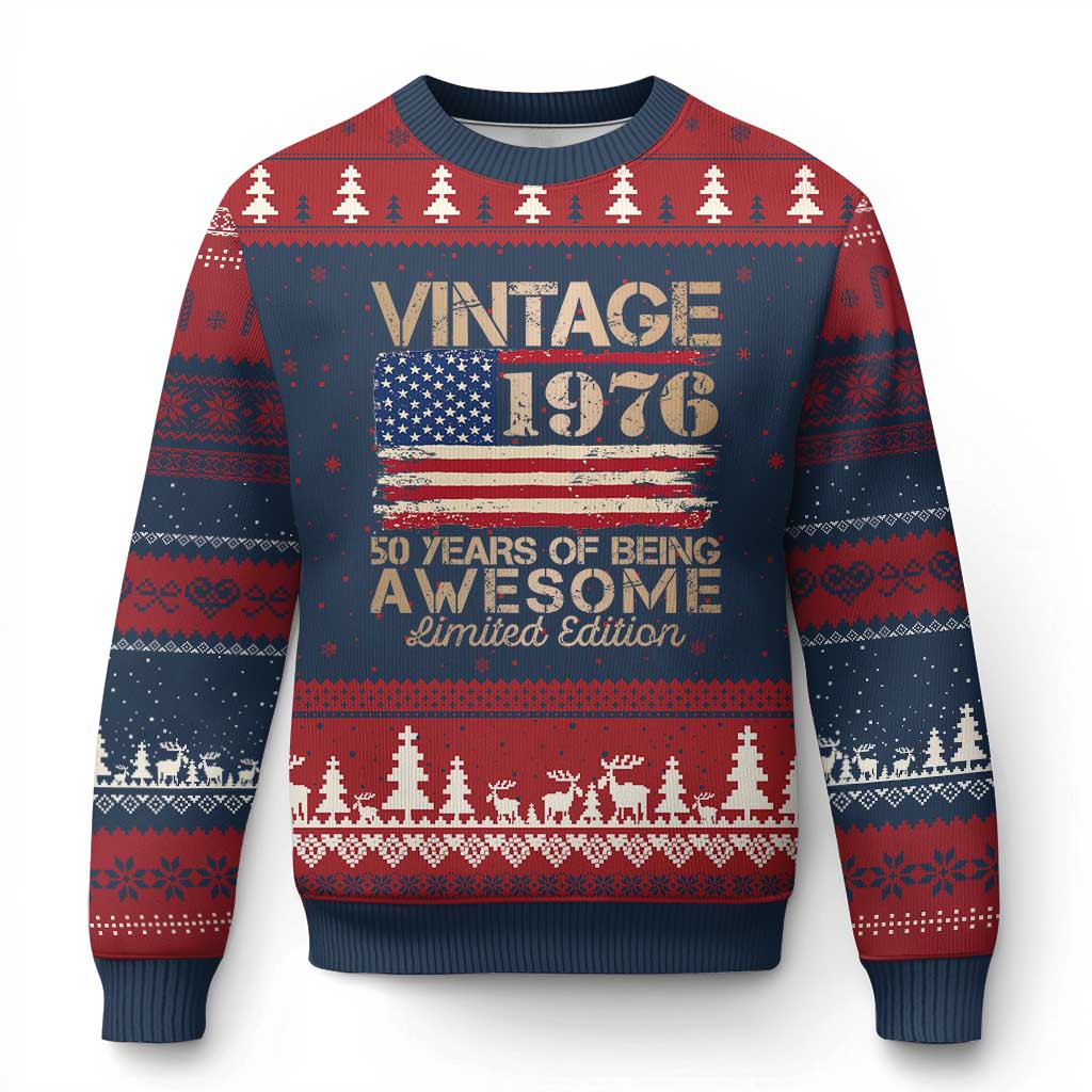 Vintage 1976 Birthday Ugly Christmas Sweater 50 Years Of Being Awesome USA Flag