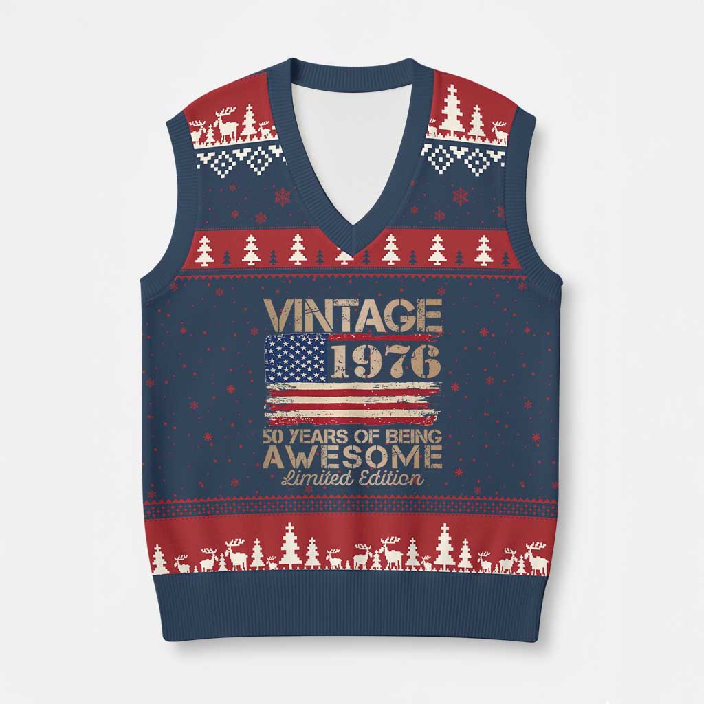 Vintage 1976 Birthday V-Neck Knit Sweater Vest 50 Years Of Being Awesome USA Flag
