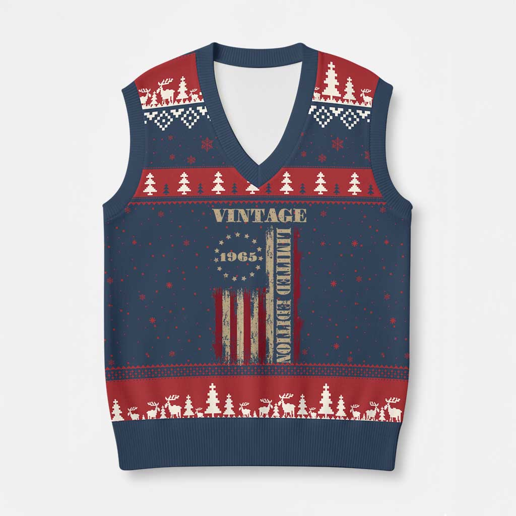 Vintage 1965 Birthday V-Neck Knit Sweater Vest Retro American Flag Limited Edition