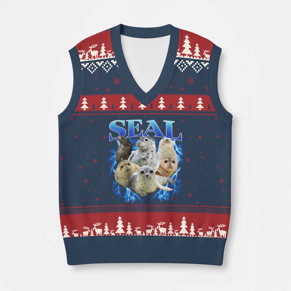 Baby Seals V-Neck Knit Sweater Vest Retro Sea Dog Bootleg Vintage Graphic 90s