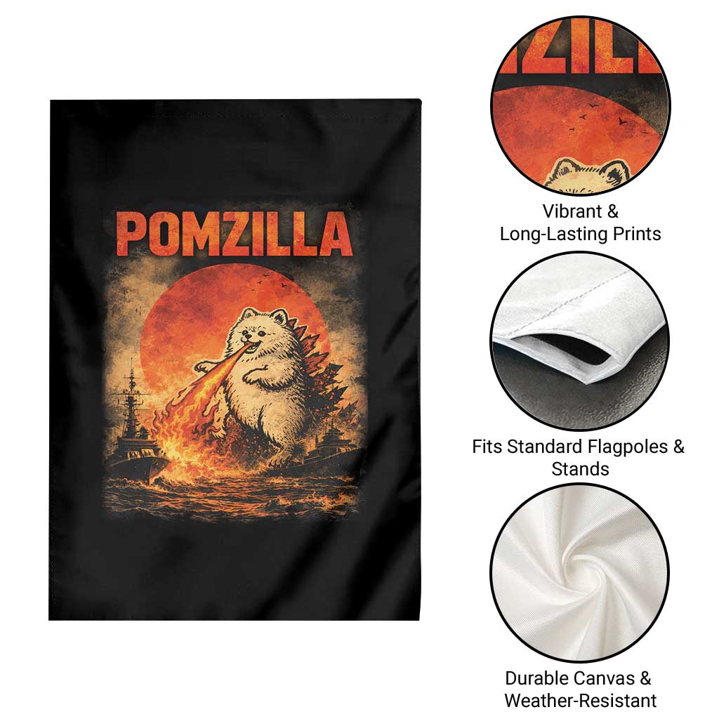 Pomzilla Dog Japanese Art Garden Flag Retro Vintage Dog Lover Pomeranian Pom Monster Kaiju