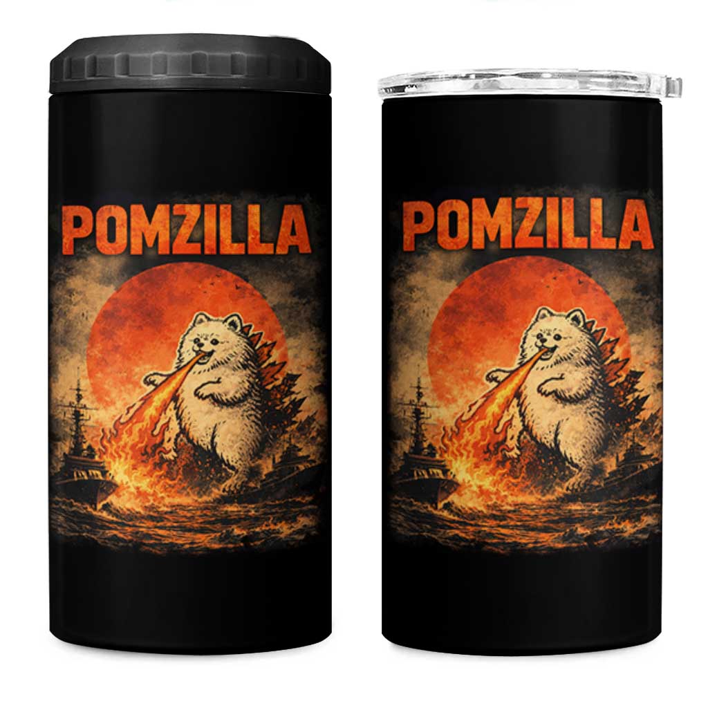 Pomzilla Dog Japanese Art 4 in 1 Can Cooler Tumbler Retro Vintage Dog Lover Pomeranian Pom Monster Kaiju