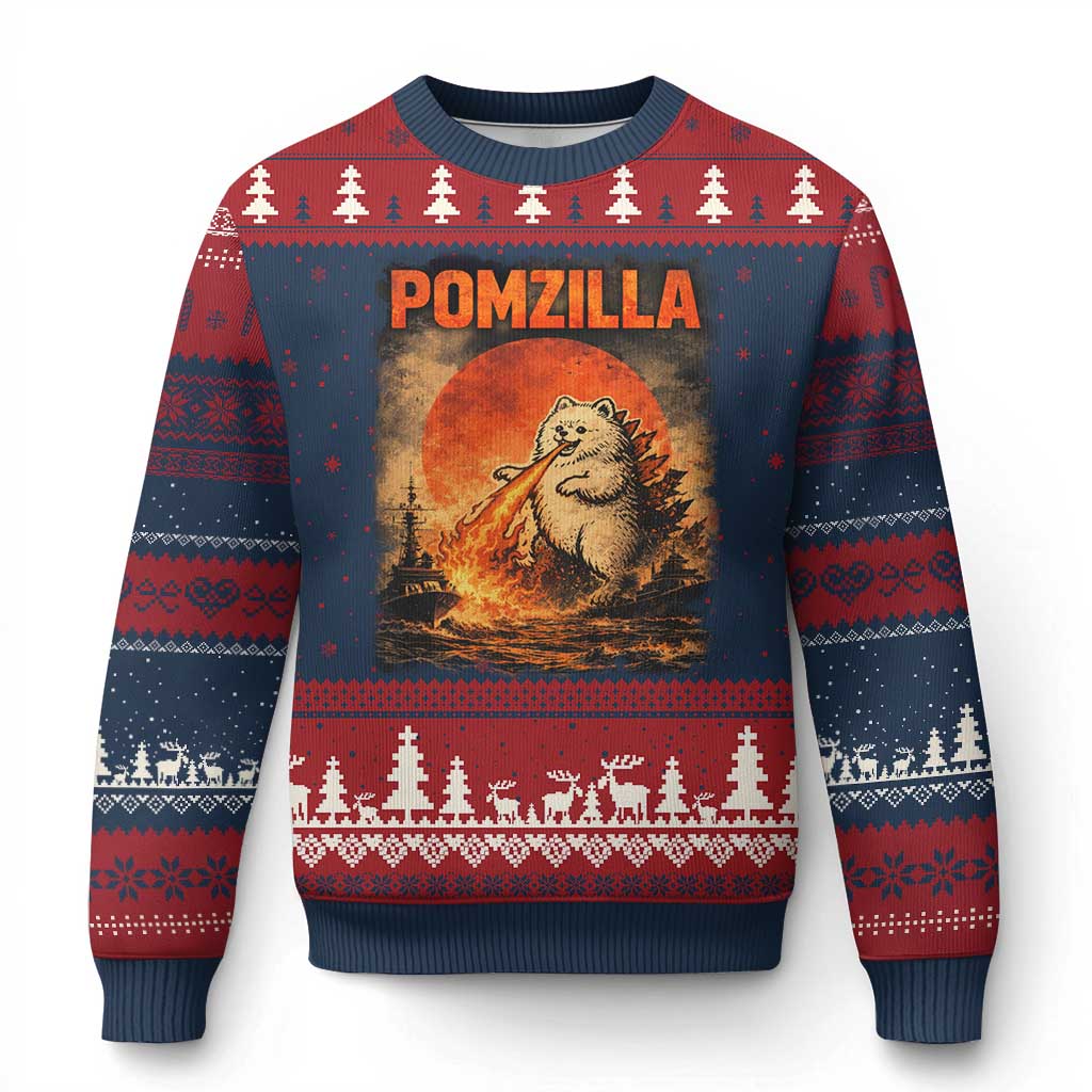 Pomzilla Dog Japanese Art Ugly Christmas Sweater Retro Vintage Dog Lover Pomeranian Pom Monster Kaiju