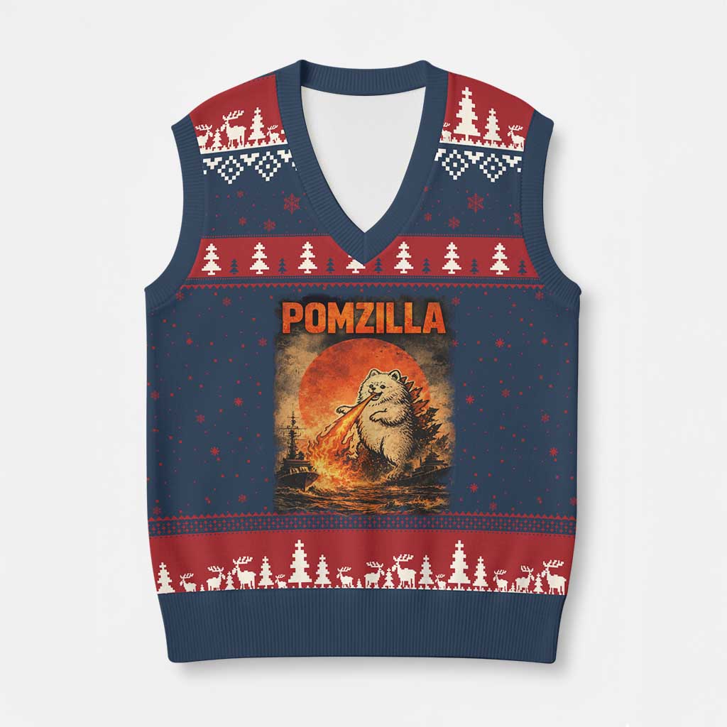 Pomzilla Dog Japanese Art V-Neck Knit Sweater Vest Retro Vintage Dog Lover Pomeranian Pom Monster Kaiju