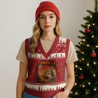 Pomzilla Dog Japanese Art V-Neck Knit Sweater Vest Retro Vintage Dog Lover Pomeranian Pom Monster Kaiju
