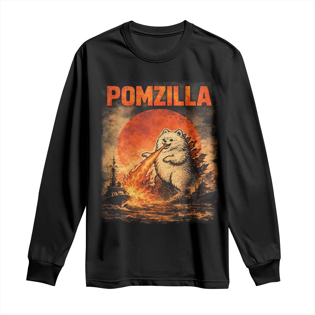 Pomzilla Dog Japanese Art Long Sleeve Shirt Retro Vintage Dog Lover Pomeranian Pom Monster Kaiju