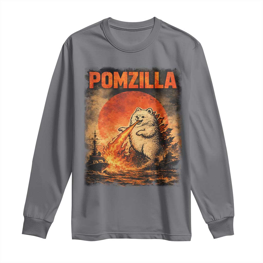 Pomzilla Dog Japanese Art Long Sleeve Shirt Retro Vintage Dog Lover Pomeranian Pom Monster Kaiju