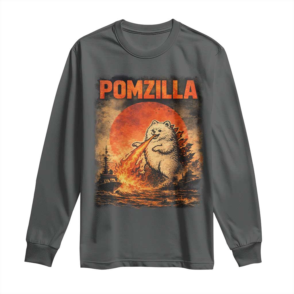 Pomzilla Dog Japanese Art Long Sleeve Shirt Retro Vintage Dog Lover Pomeranian Pom Monster Kaiju