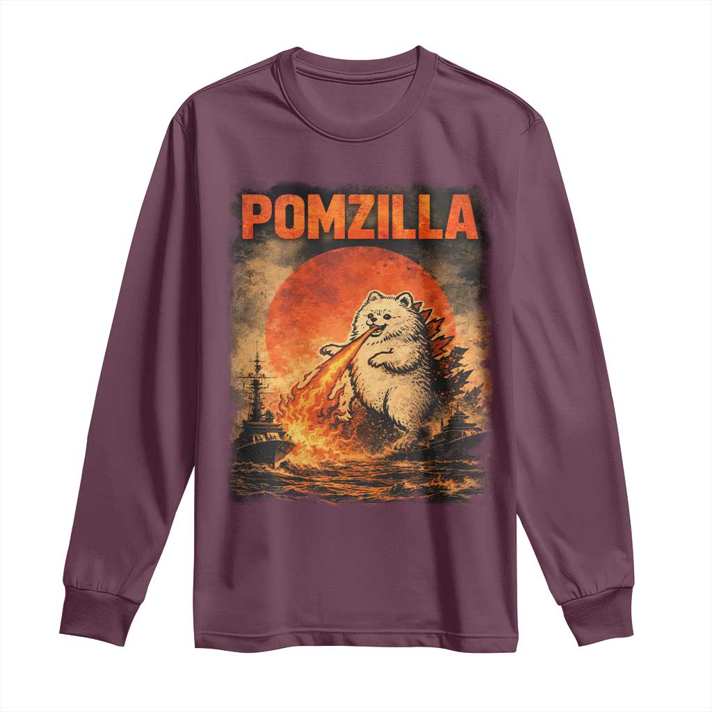 Pomzilla Dog Japanese Art Long Sleeve Shirt Retro Vintage Dog Lover Pomeranian Pom Monster Kaiju