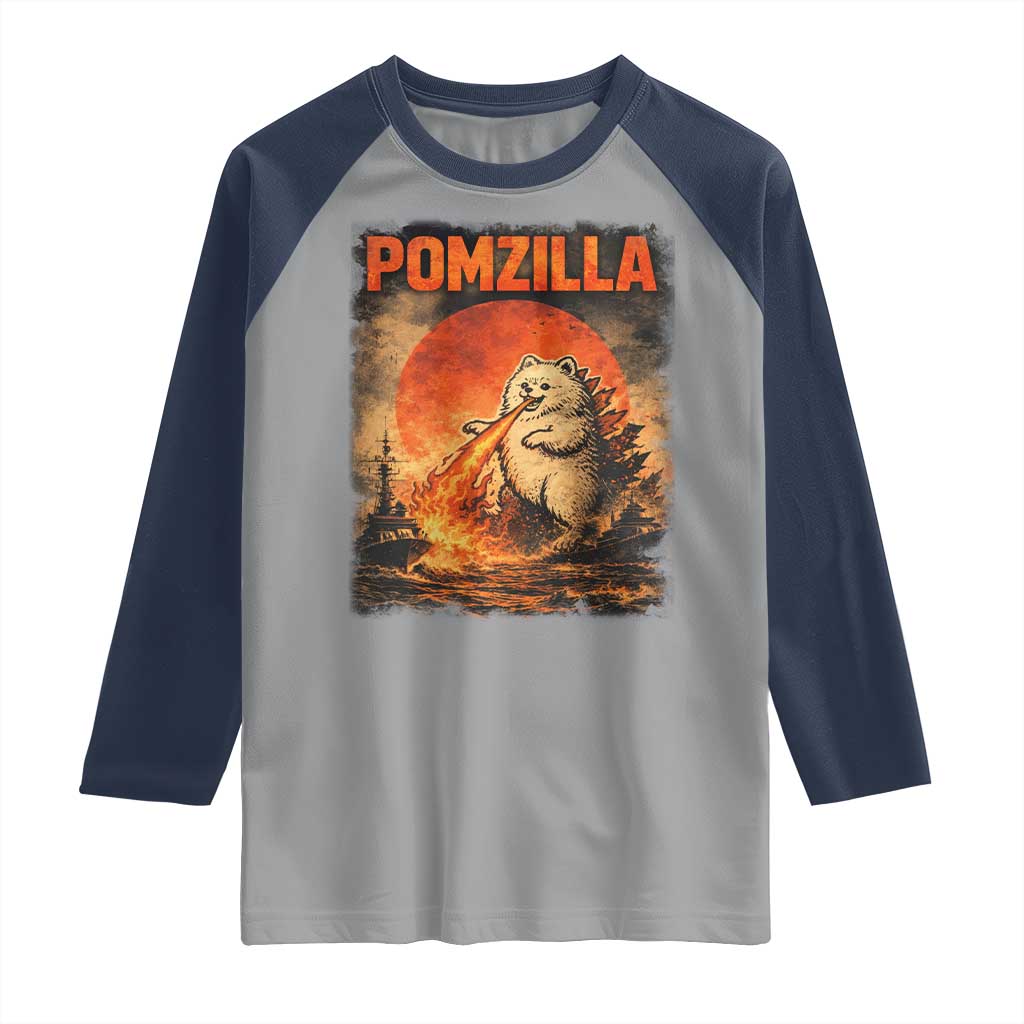Pomzilla Dog Japanese Art Raglan Shirt Retro Vintage Dog Lover Pomeranian Pom Monster Kaiju