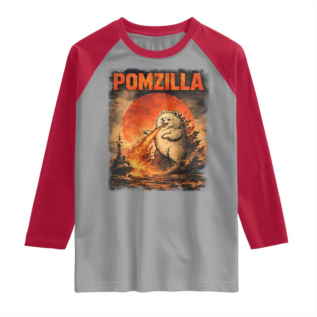 Pomzilla Dog Japanese Art Raglan Shirt Retro Vintage Dog Lover Pomeranian Pom Monster Kaiju