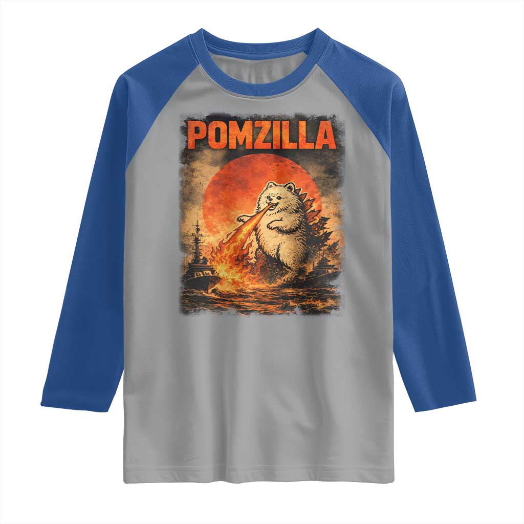 Pomzilla Dog Japanese Art Raglan Shirt Retro Vintage Dog Lover Pomeranian Pom Monster Kaiju