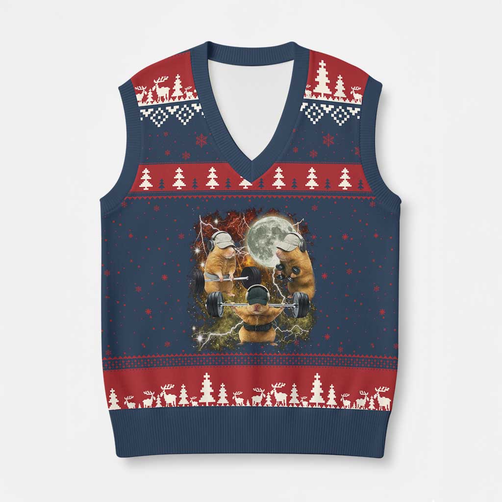 Hamster Deadlift V-Neck Knit Sweater Vest Funny Cute Rat Fitness Gym Weightlifting Meme