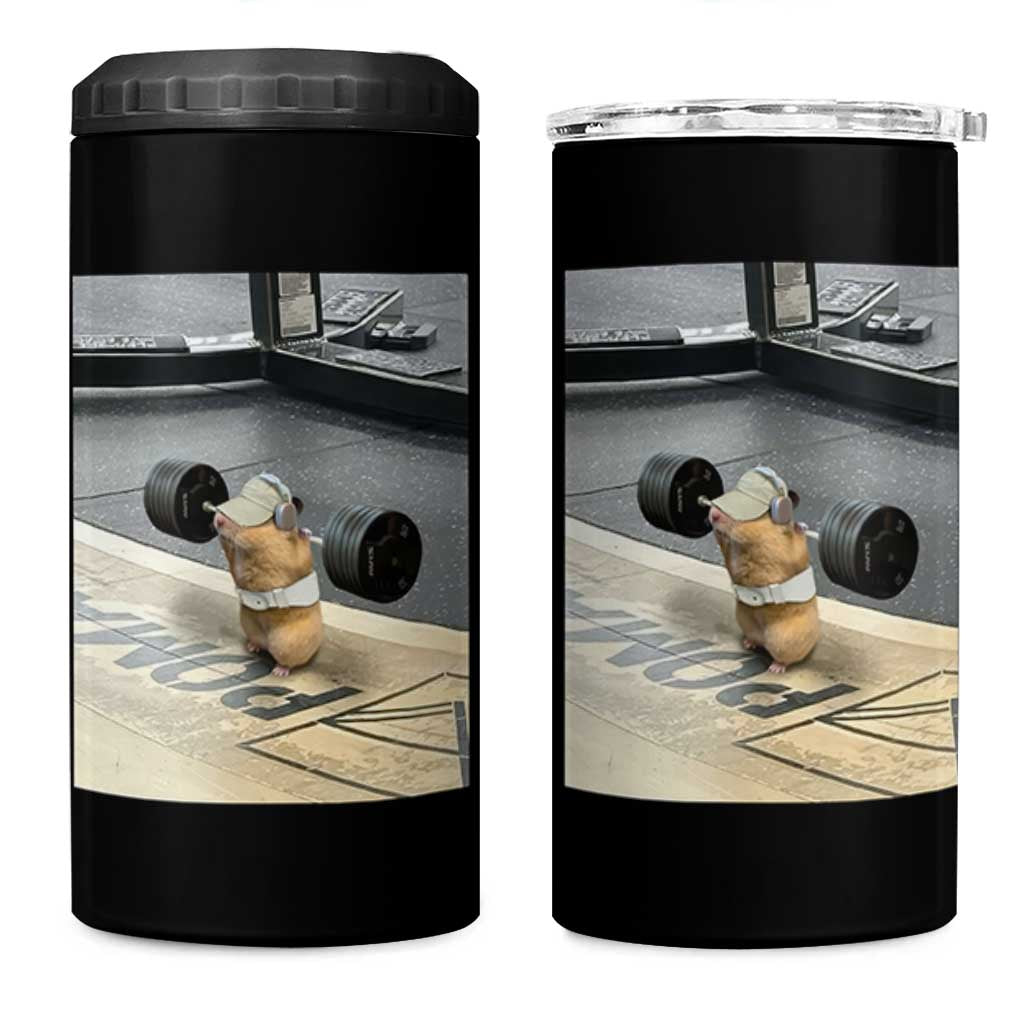 Hamster Gym 4 in 1 Can Cooler Tumbler Funny Rat Workout Weightlifting Pump Cover