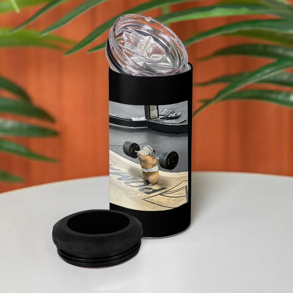 Hamster Gym 4 in 1 Can Cooler Tumbler Funny Rat Workout Weightlifting Pump Cover