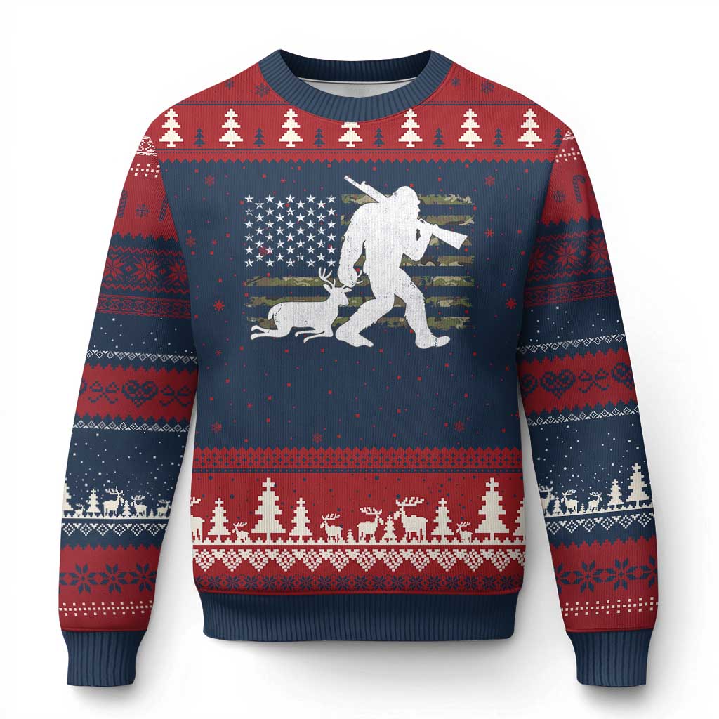 Bigfoot Camo Deer Hunting Ugly Christmas Sweater Camo USA Flag Buck Season Sasquatch