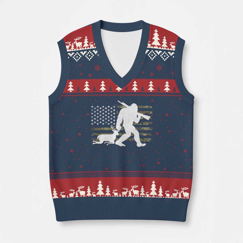 Bigfoot Camo Deer Hunting V-Neck Knit Sweater Vest Camo USA Flag Buck Season Sasquatch