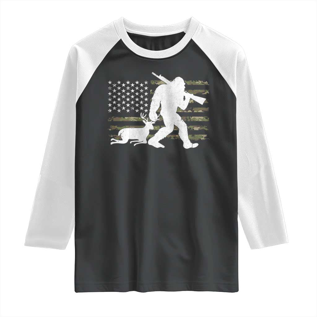 Bigfoot Camo Deer Hunting Raglan Shirt Camo USA Flag Buck Season Sasquatch