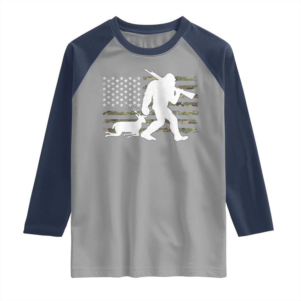 Bigfoot Camo Deer Hunting Raglan Shirt Camo USA Flag Buck Season Sasquatch