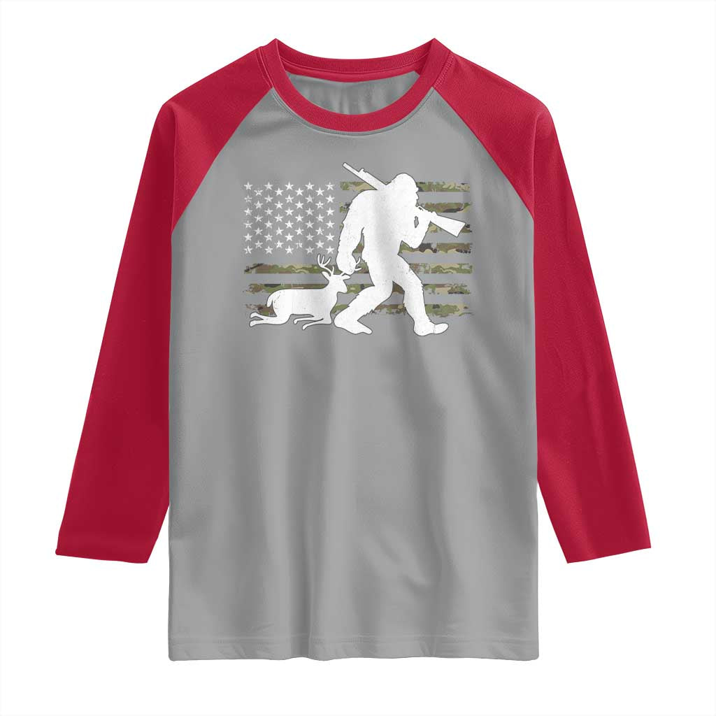 Bigfoot Camo Deer Hunting Raglan Shirt Camo USA Flag Buck Season Sasquatch