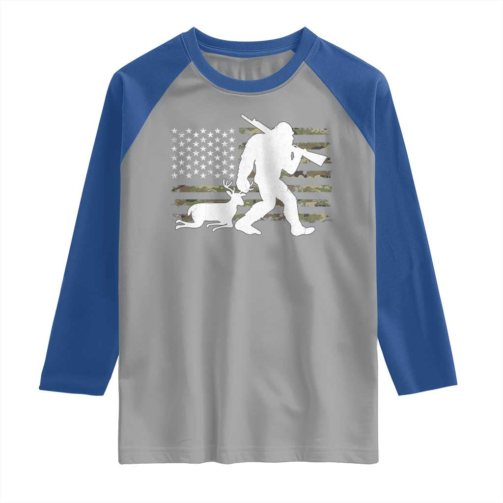 Bigfoot Camo Deer Hunting Raglan Shirt Camo USA Flag Buck Season Sasquatch