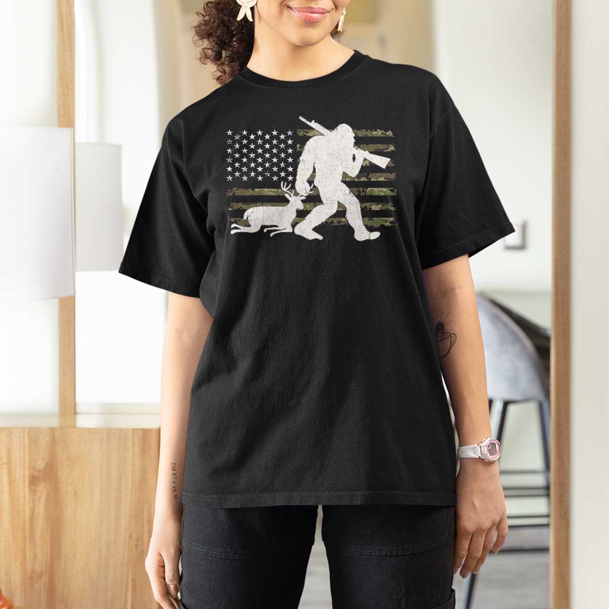 Bigfoot Camo Deer Hunting T Shirt For Women Camo USA Flag Buck Season Sasquatch
