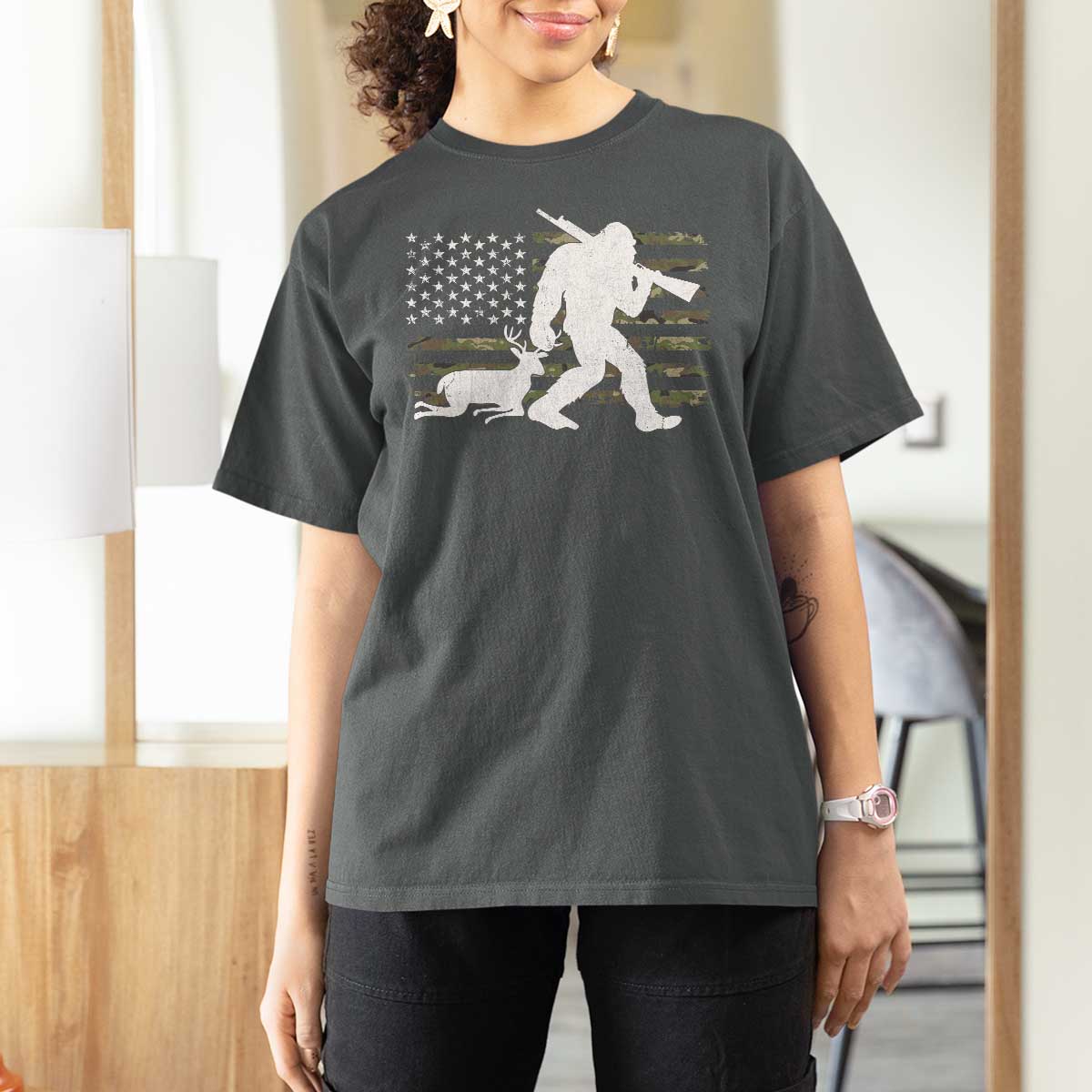 Bigfoot Camo Deer Hunting T Shirt For Women Camo USA Flag Buck Season Sasquatch