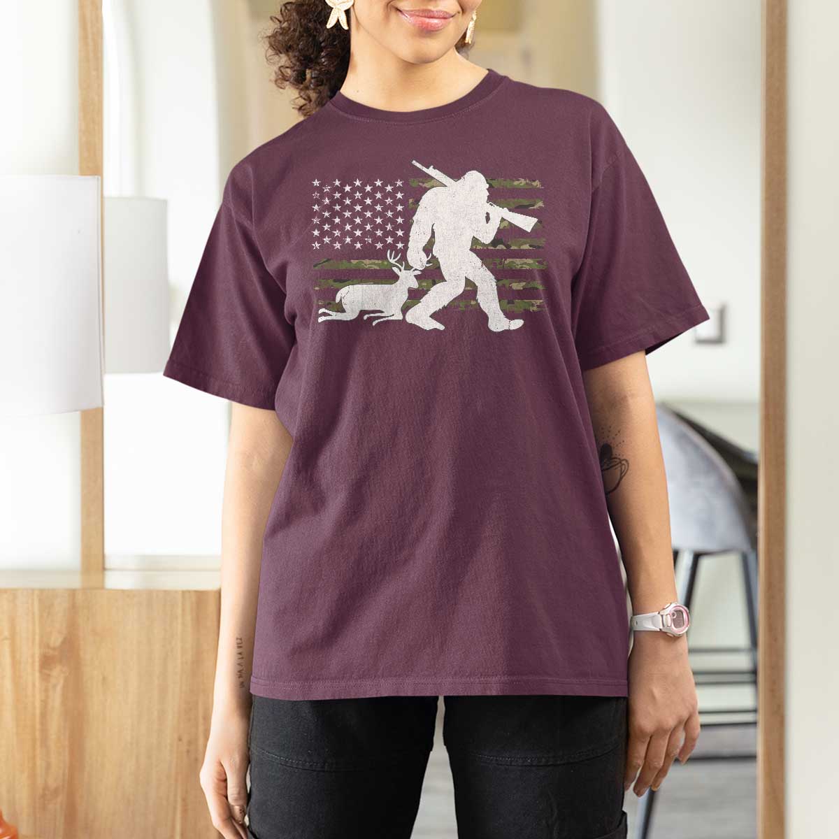Bigfoot Camo Deer Hunting T Shirt For Women Camo USA Flag Buck Season Sasquatch