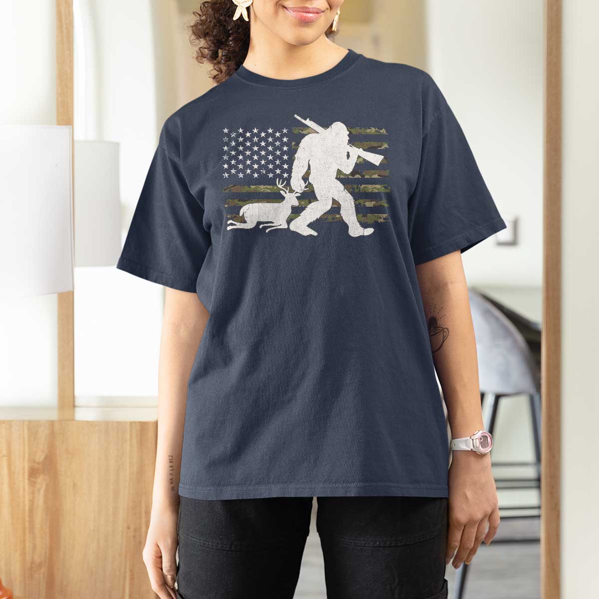 Bigfoot Camo Deer Hunting T Shirt For Women Camo USA Flag Buck Season Sasquatch