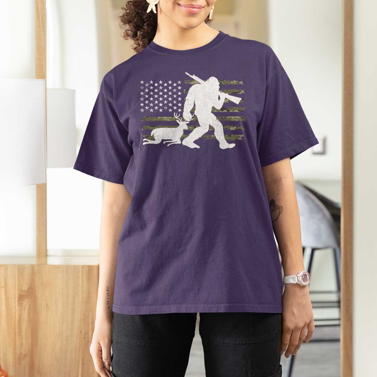 Bigfoot Camo Deer Hunting T Shirt For Women Camo USA Flag Buck Season Sasquatch