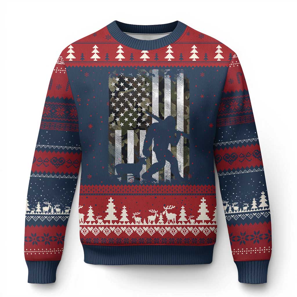 Bigfoot Deer Hunting Ugly Christmas Sweater Camo US Flag Deer Elk Buck Hunting Hunter Dad